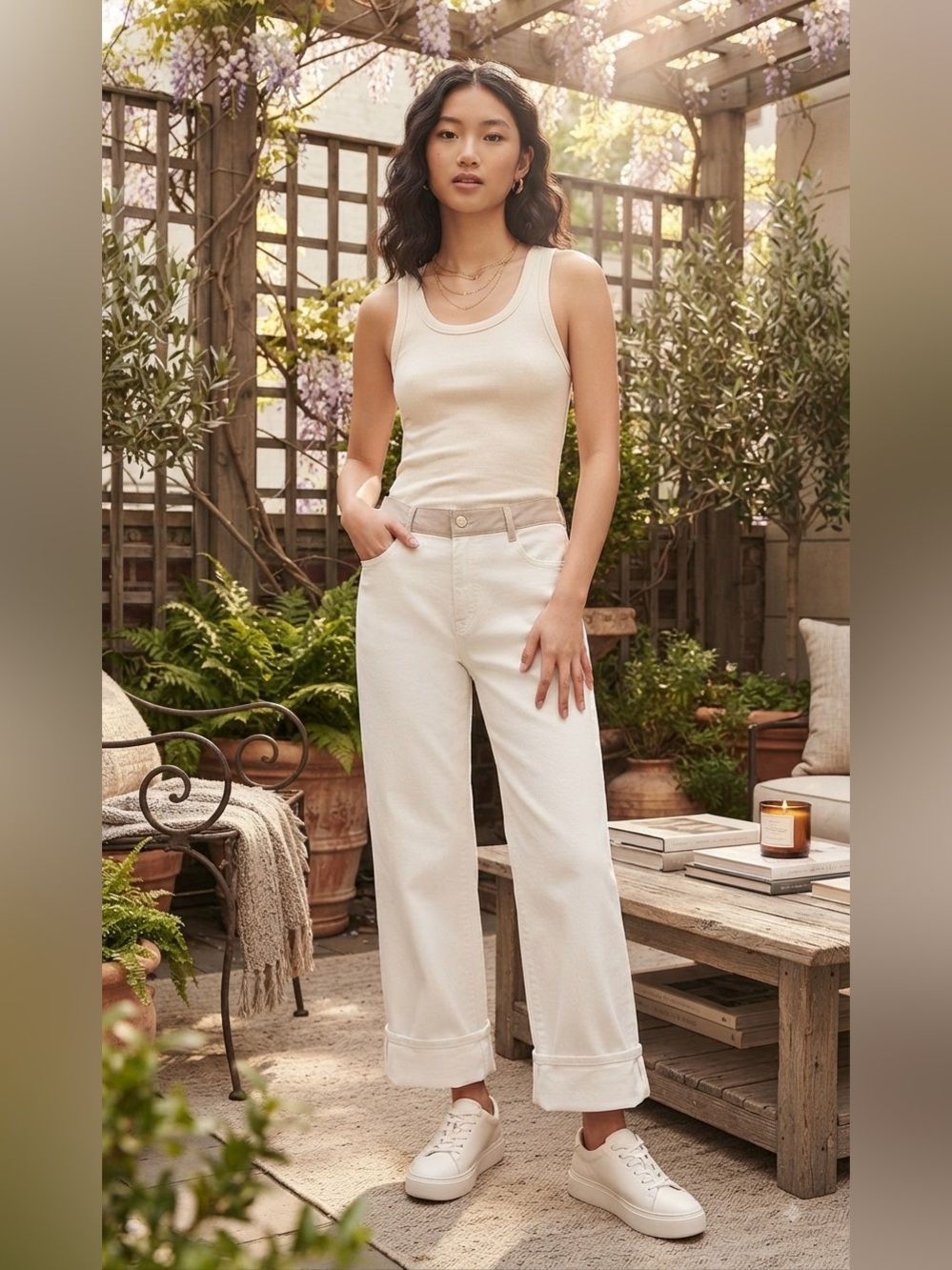 Time and Tru Cream Cropped Wide-Leg Jeans